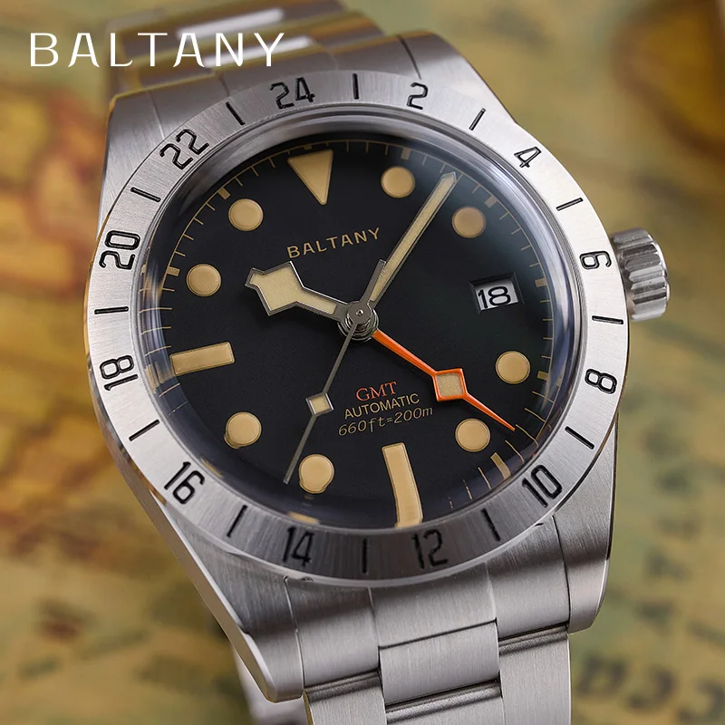 Baltany GMT Sport Watches S6073 NH34 Bracelet 39mm Fixed Bezel Stainless Steel Lumin 20ATM Waterproof Vintage Style Wristwatch