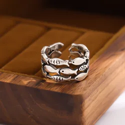 925 Sterling Silver Rings For Women Simple Minimalist  Retro Fish Open Finger Ring Fashion Band Female Bijoux Gift
