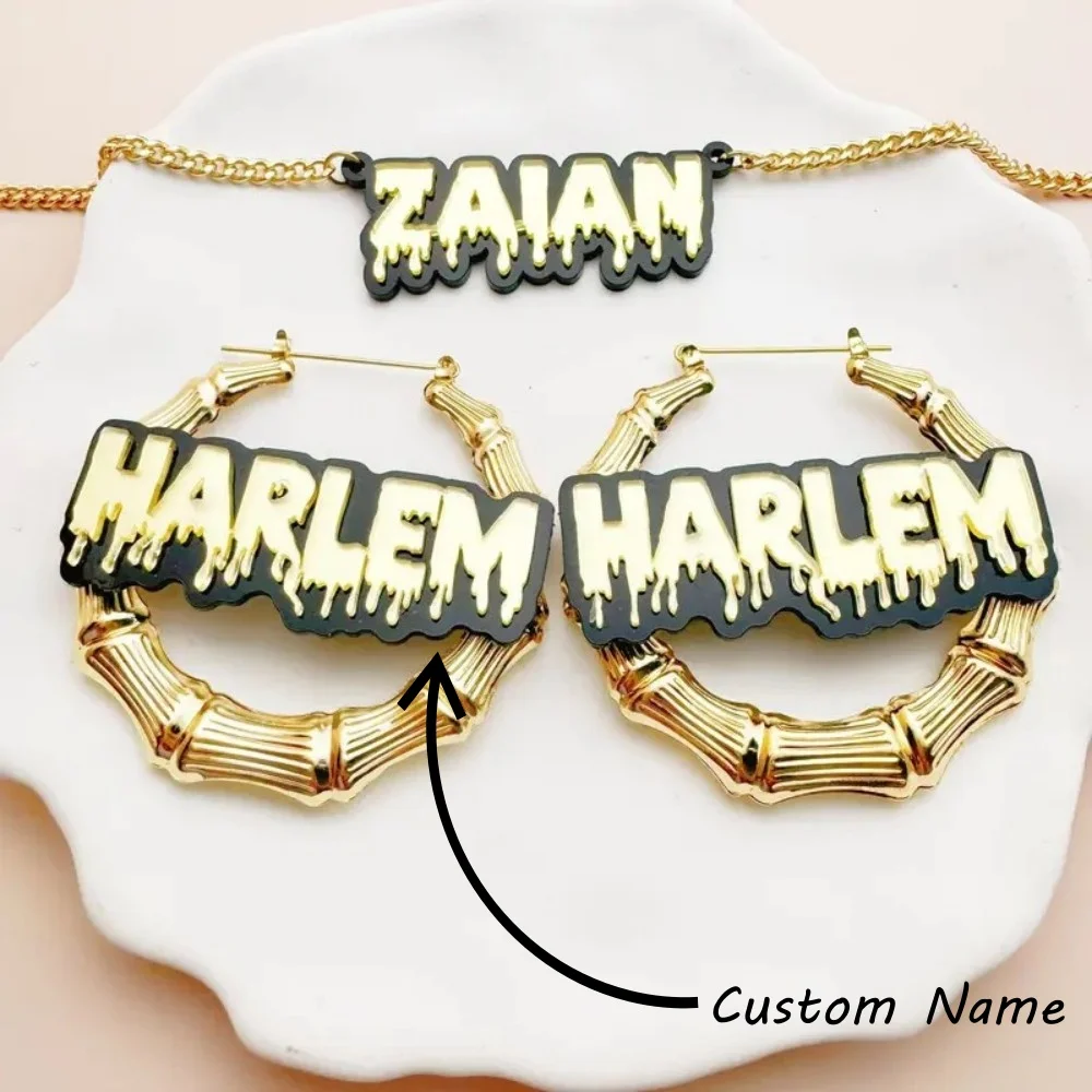 

Hiphop Bamboo Acrylic Style Custom Name Earrings Necklace Set Hoop Earrings Heart Mode Customize Name Earrings Statement Gifts