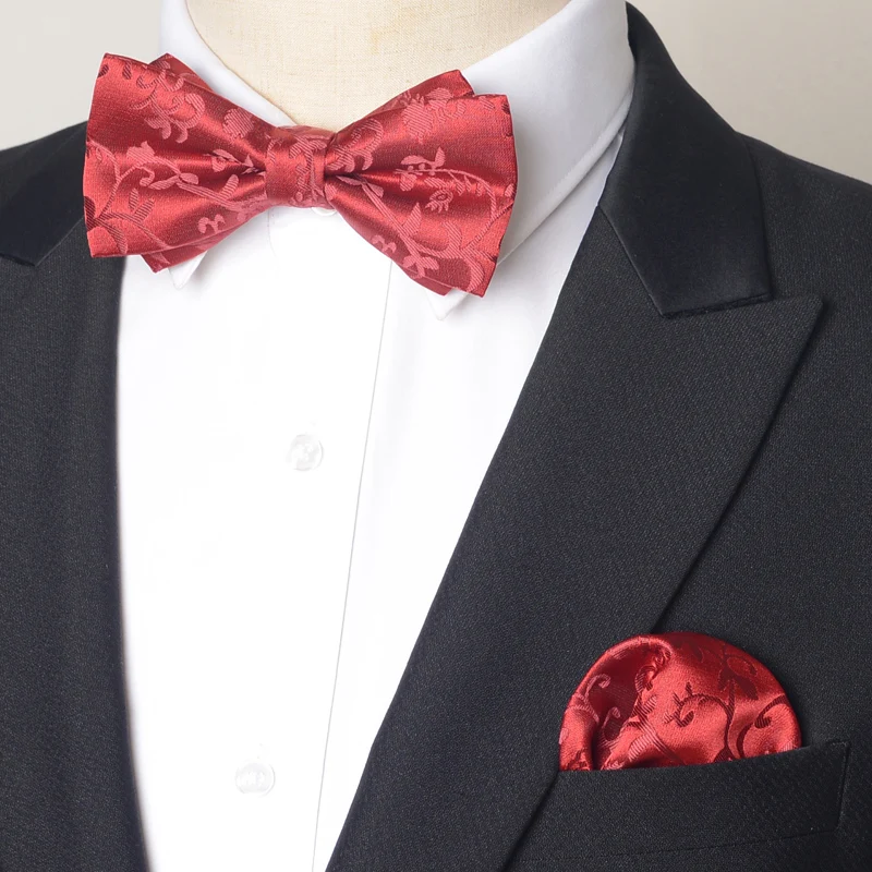 High Quality Deep Red Bow tie+Handkerchief Men's Gift Fashionable Butterfly Wedding Gift Banquet Shirt Accessories 100% Silk Tie