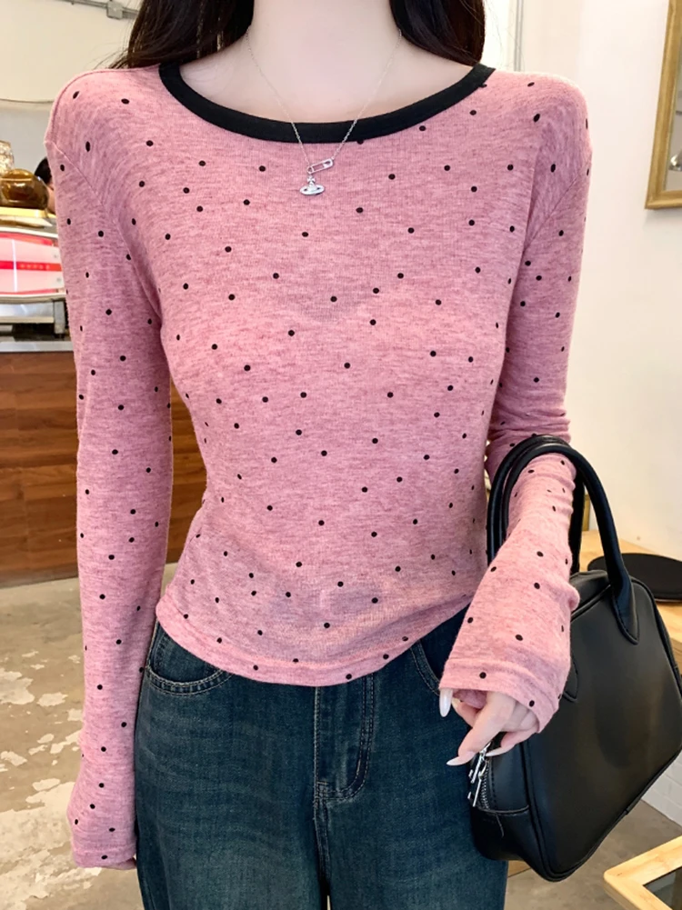

Thin Polka Dot Long Sleeve T Shirt For Women Clothing Autumn O Neck Top Woman Tshirts Casual Tee Shirt Femme Ropa Para Mujer