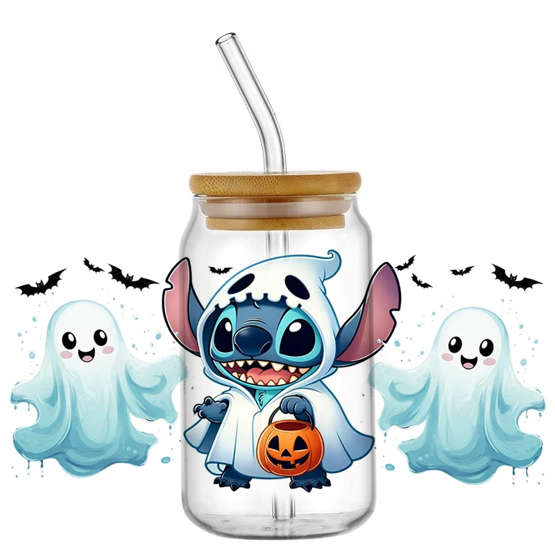 Miniso Halloween Cartoon Decal 3D Washable UV DTF Cup Wrap for 16oz Libbey Glasses DIY Selfadhesive Cute Stich Transfer Sticker