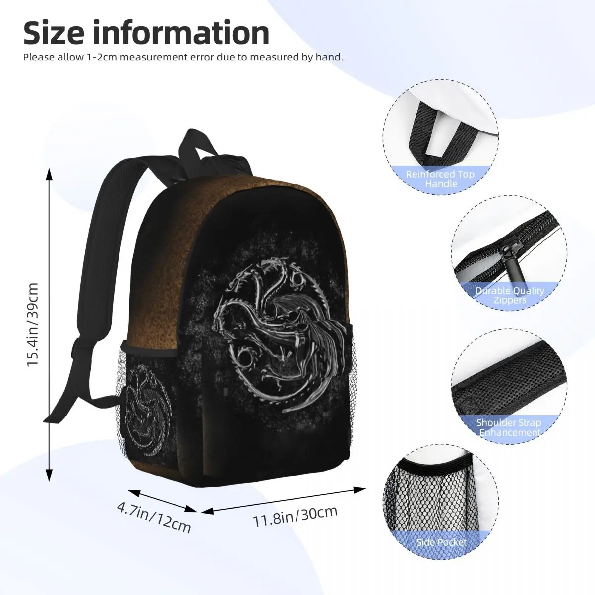 House Dragon Sac à dos léger imprimé, sac d'école à la mode, nouveau modèle, 15 po