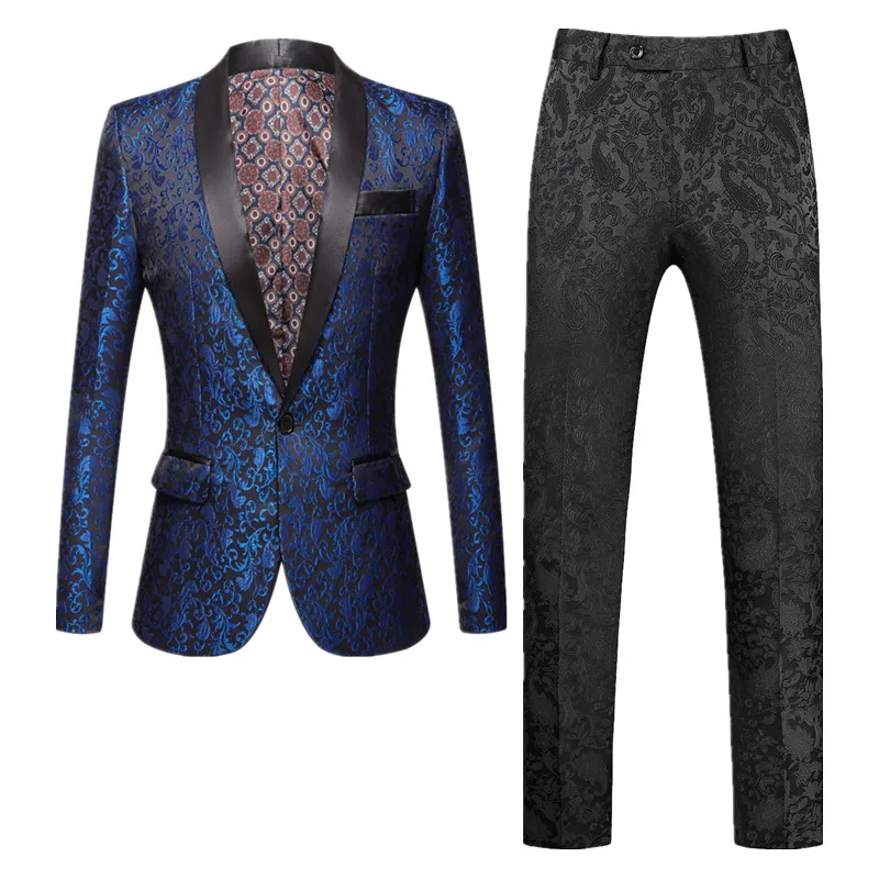 (Jacket+Pants) Men Luxury Jacquard Suit 2 Piece Pink Black Fashion Male Business Social Wedding Party Tuxedo Blazers Trousers