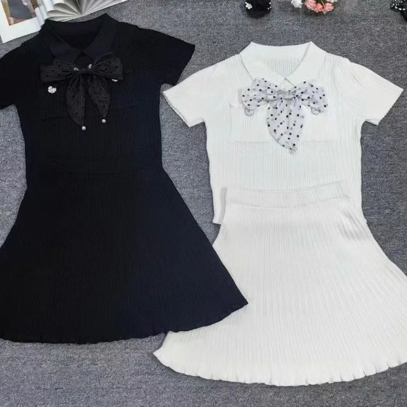 2025 Summer New Polo Neck Short Sleeve Knitted Dress Y2K Fashion Commuter Elastic Slim Fit Multi Pocket Wrapped Hip Skirt