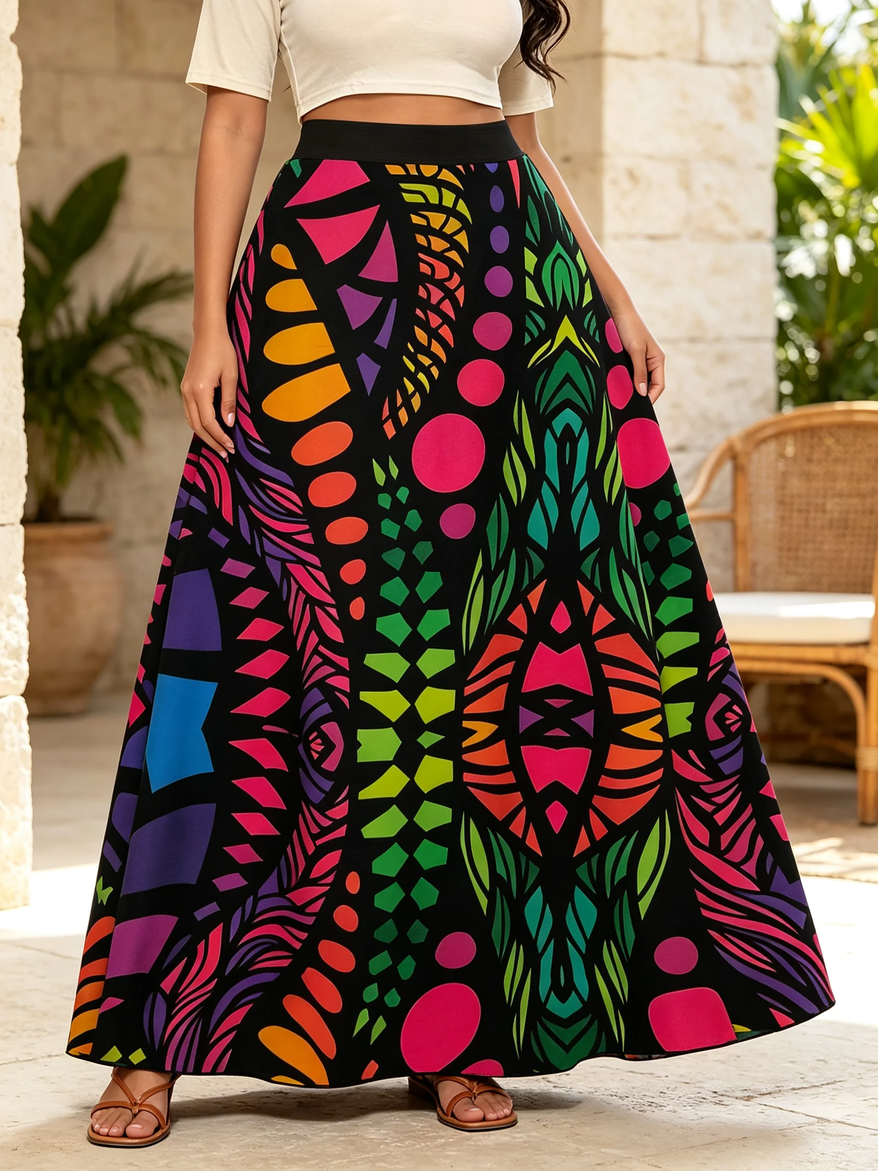 Women Bohemian Maxi Skirt Colorful Geometric Insect Print Elastic High Waist A‑Line Flowy Long Skirt Casual Party Vacation