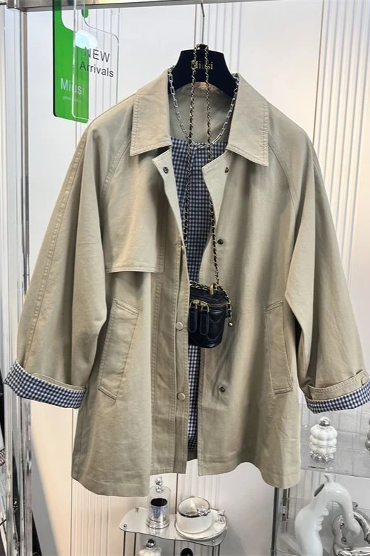 

2026 Spring and Autumn Women's Windbreaker Coat Loose Casual Splicing Grid Windbreaker