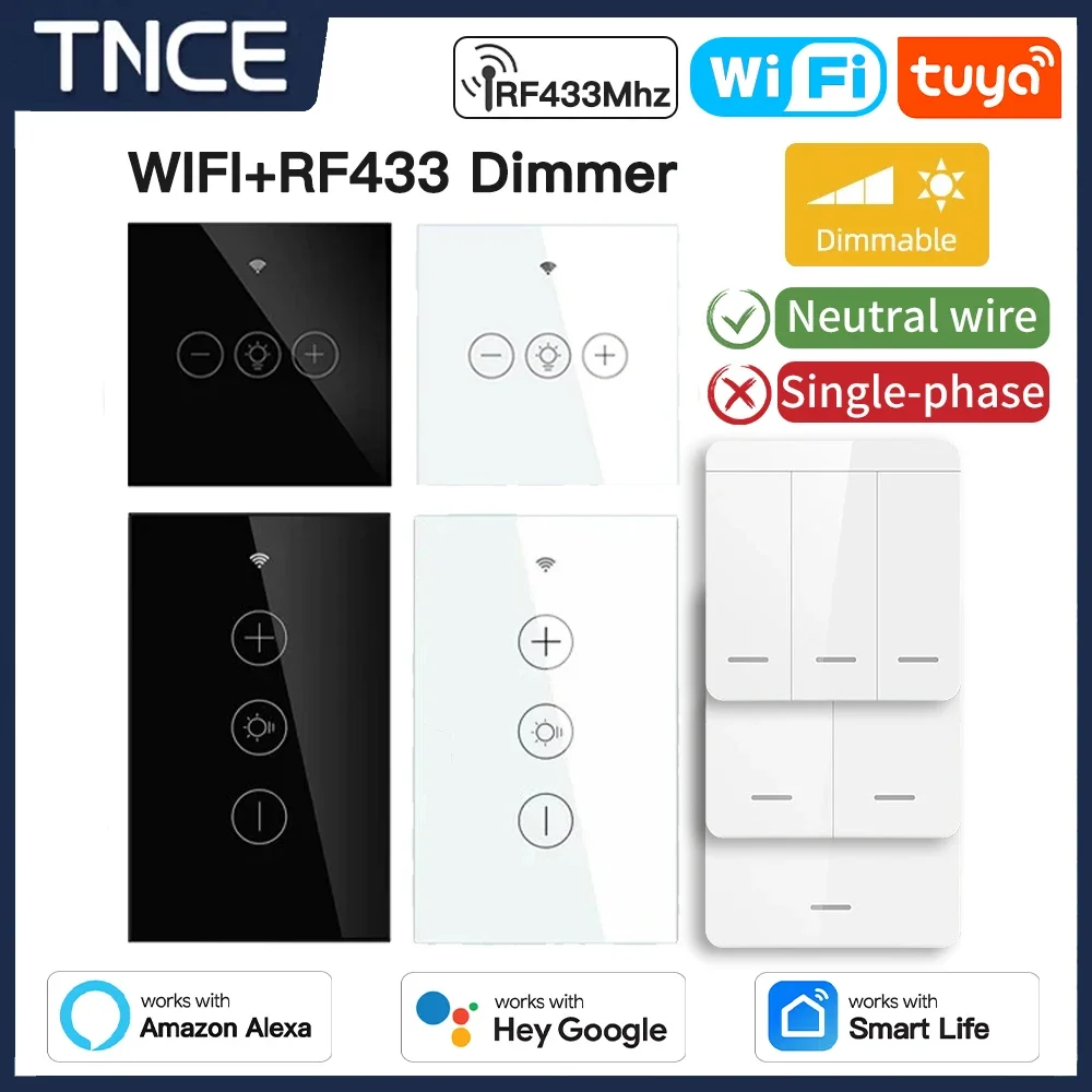 TNCE Tuya Dimmer wifi rf433 EU/US, Neutral wire Light Wall Switch remote Controllor, Smart Life APP, Voice for Google Home Alexa