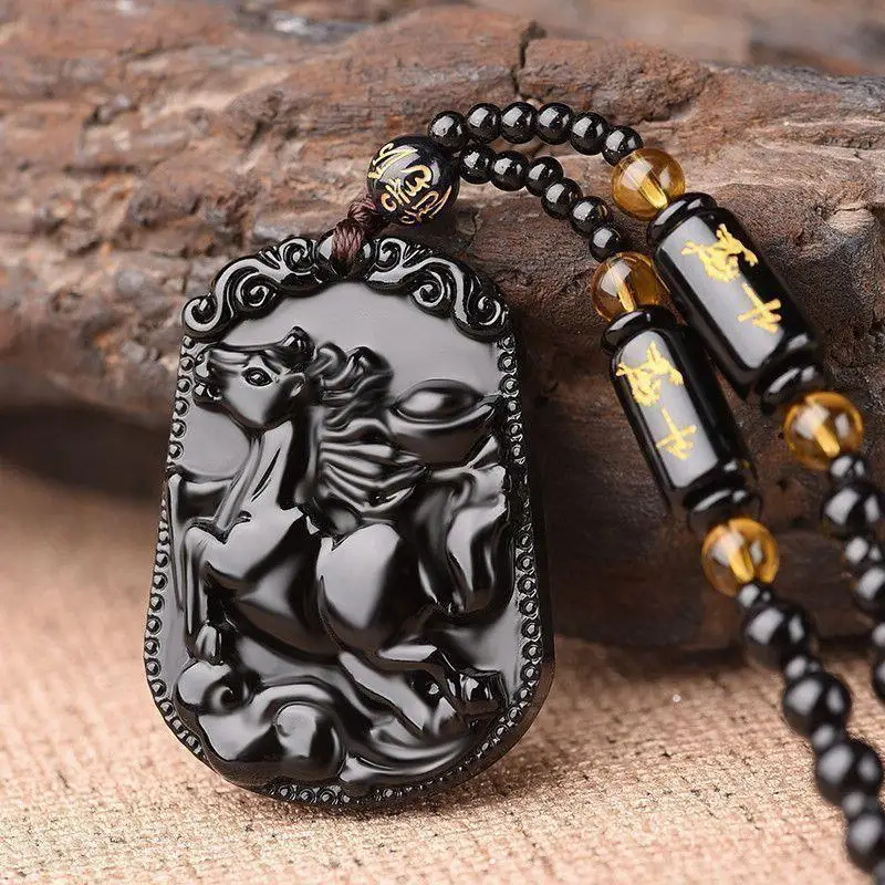 Imitation Black Obsidian Carved Chinese Twelve Zodiac Lucky Blessing Animal Pendant Beads Necklace Vintage Gift Jewelry