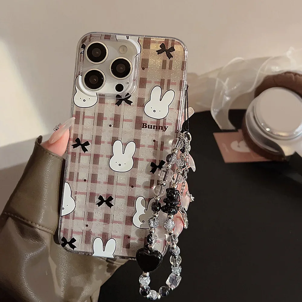 Funny Glitter bunny bow Retro Plaid Bracelet Phone Case For iPhone 17 air 16 15 14 13 12 11 Pro Max Xr Case Cute Cartoon Cover