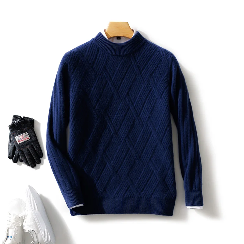 New Men\'s O-neck Diagonal Stripe Pullover 100% Pure Cashmere Wool Soft Sweater Autumn Winter Casual Thick Basis Large Size Top