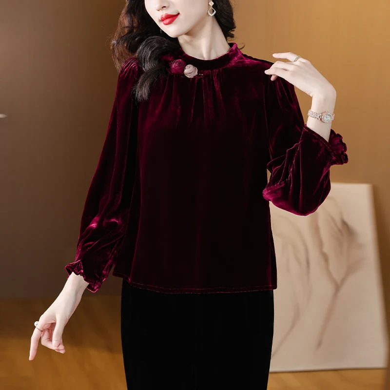 Women Red Velvet Long Sleeve Chic Appliques Blouses Autumn Winter Elegant Luxury Top Shirts 2024 Korean Fashion Bodcyon Coats