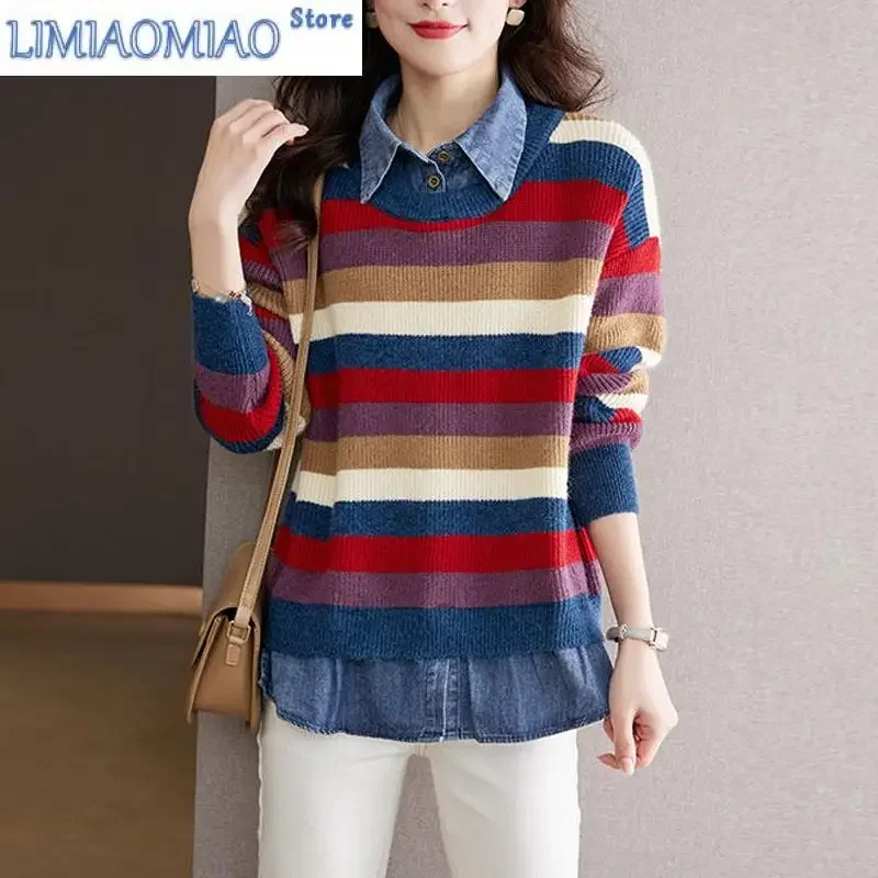 

Новая осенне-зимняя модная трендовая лоскутная рубашка, искусственный полосатый свободный универсальный вязаный свитер из двух частей в иностранном стиле