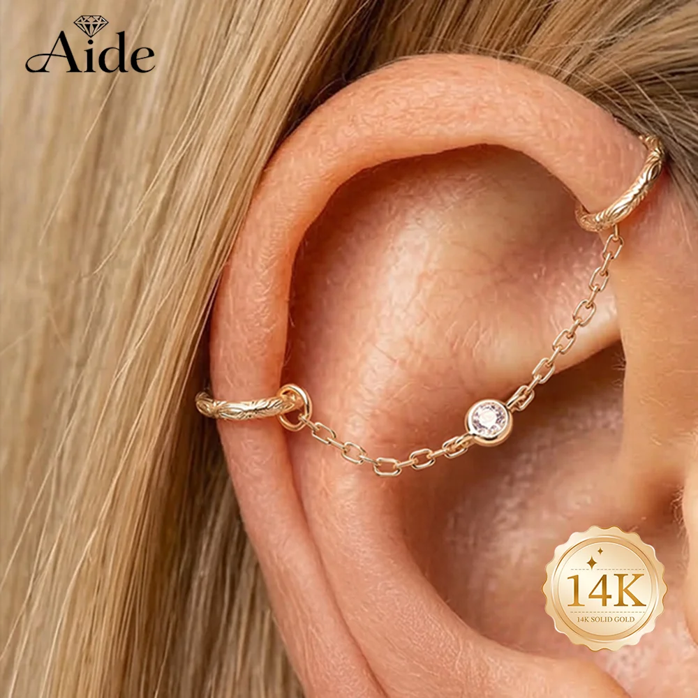 AIDE 14K Solid Gold Classic Round Chain Tassel Women's Cartilage Helix Pattern Circle Piercing Accessorie Wedding Bridal Jewelry
