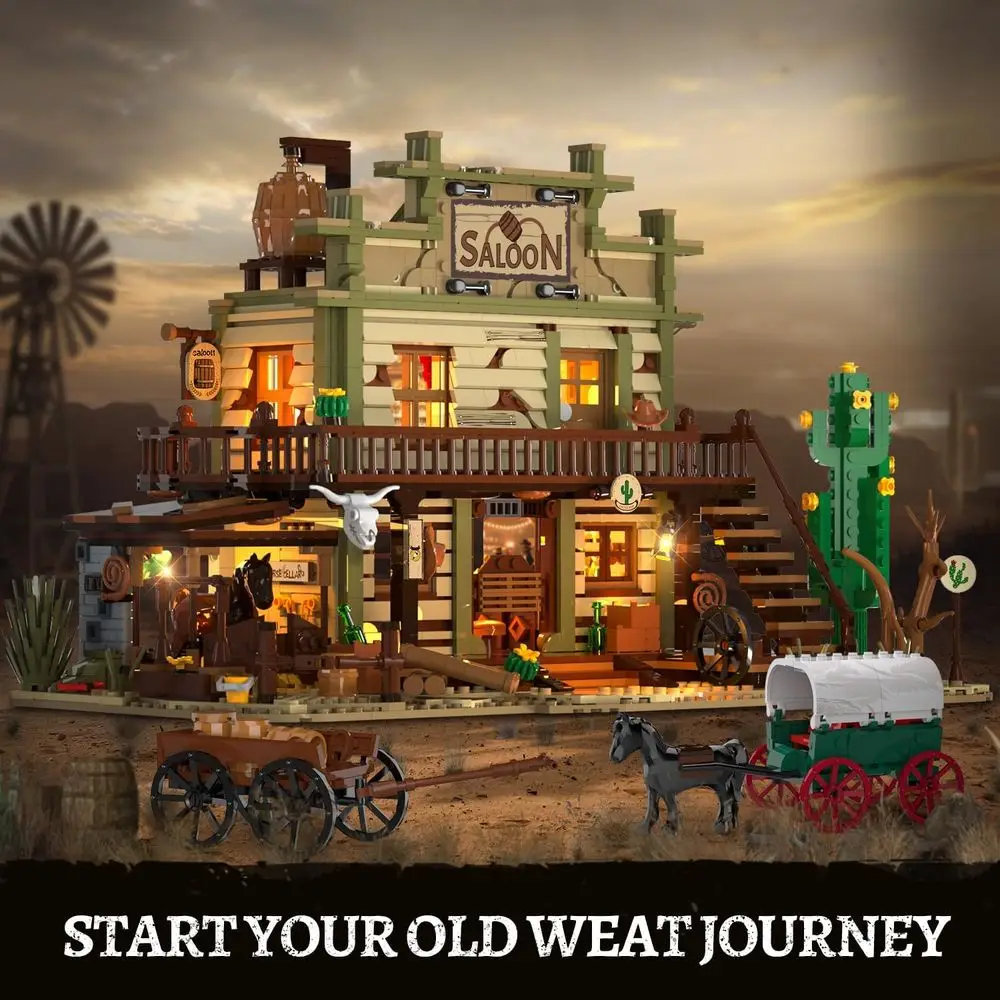 ชุดประกอบอาคารร้านเหล้าตะวันตกแบบมีไฟ LED, 1727 ชิ้น, ของเล่นธีมคาวบอยสำหรับเด็กอายุ 12 ปีขึ้นไป