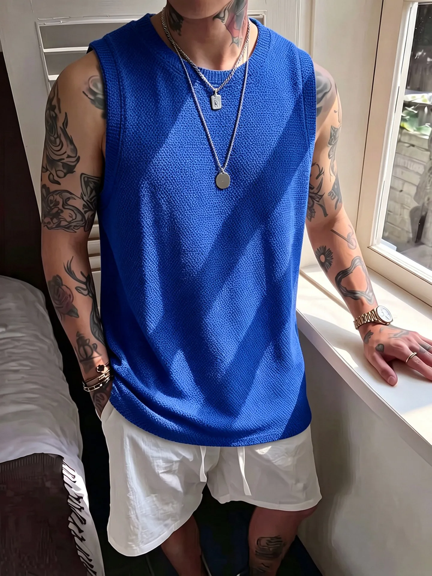 Men's Breathable Knitted Vest Summer American Retro Dragon Scale Pattern Fitness Sport Sleeveless T-Shirt Standard Fit Casual...