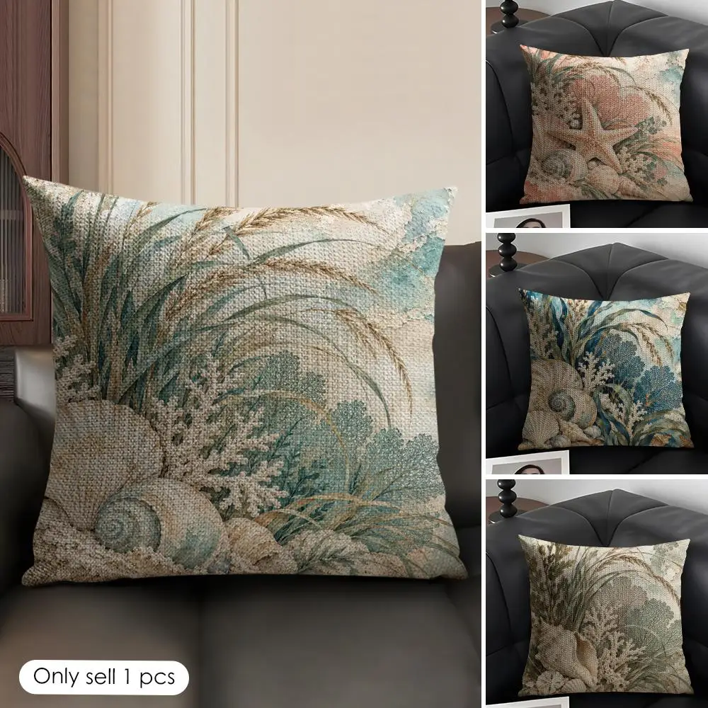 Beach Grass Seashell Cushion Cover Skin-Friendly Organic Linen Pillow Cover Durable Hypoallergenic Washable Soft
