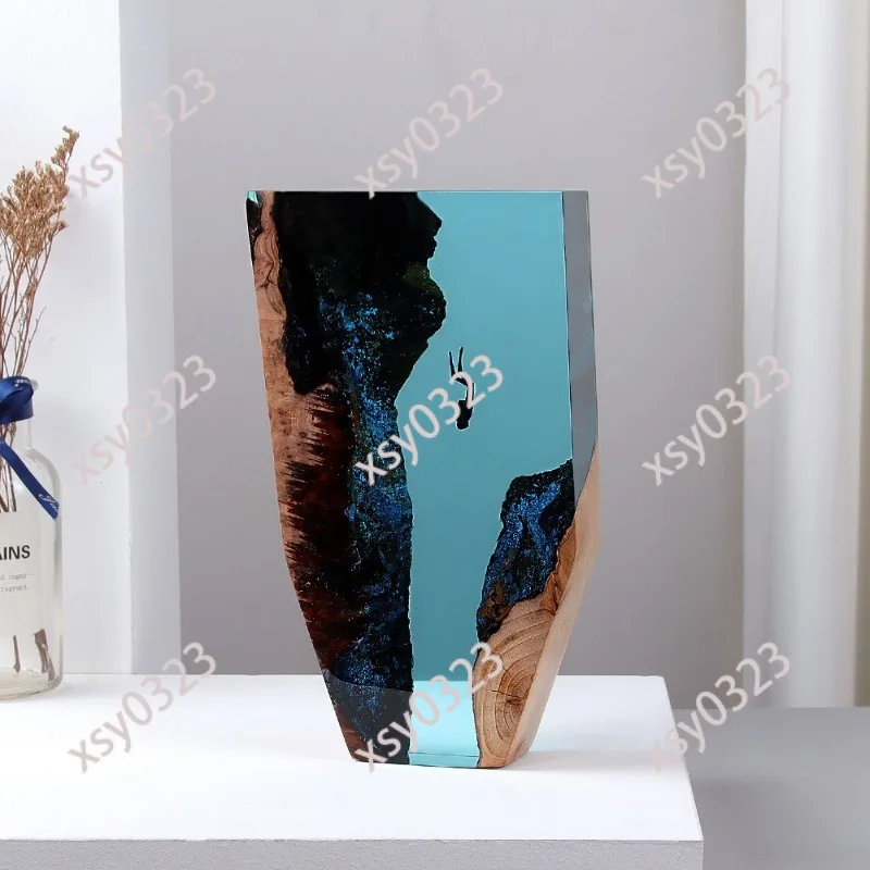Wooden Resin Night Light Ocean Cave Diver Design Desktop Decor