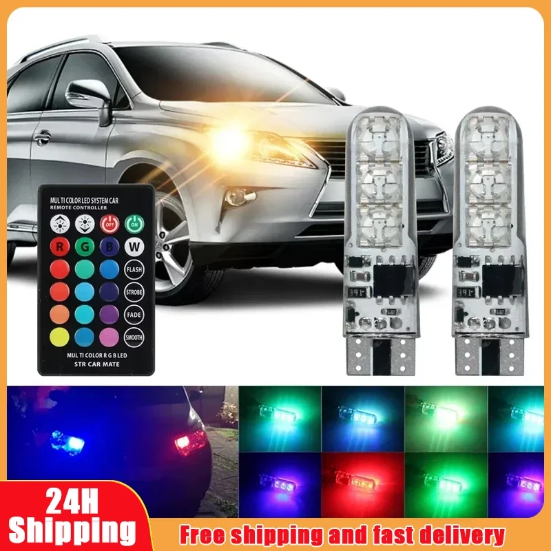 2X T10 W5w SilicaGel LED Remote Controller Lamp RGBW 5050 Festoon Dome Light Wedge Side Led 12V Car Bulb Width Indicator