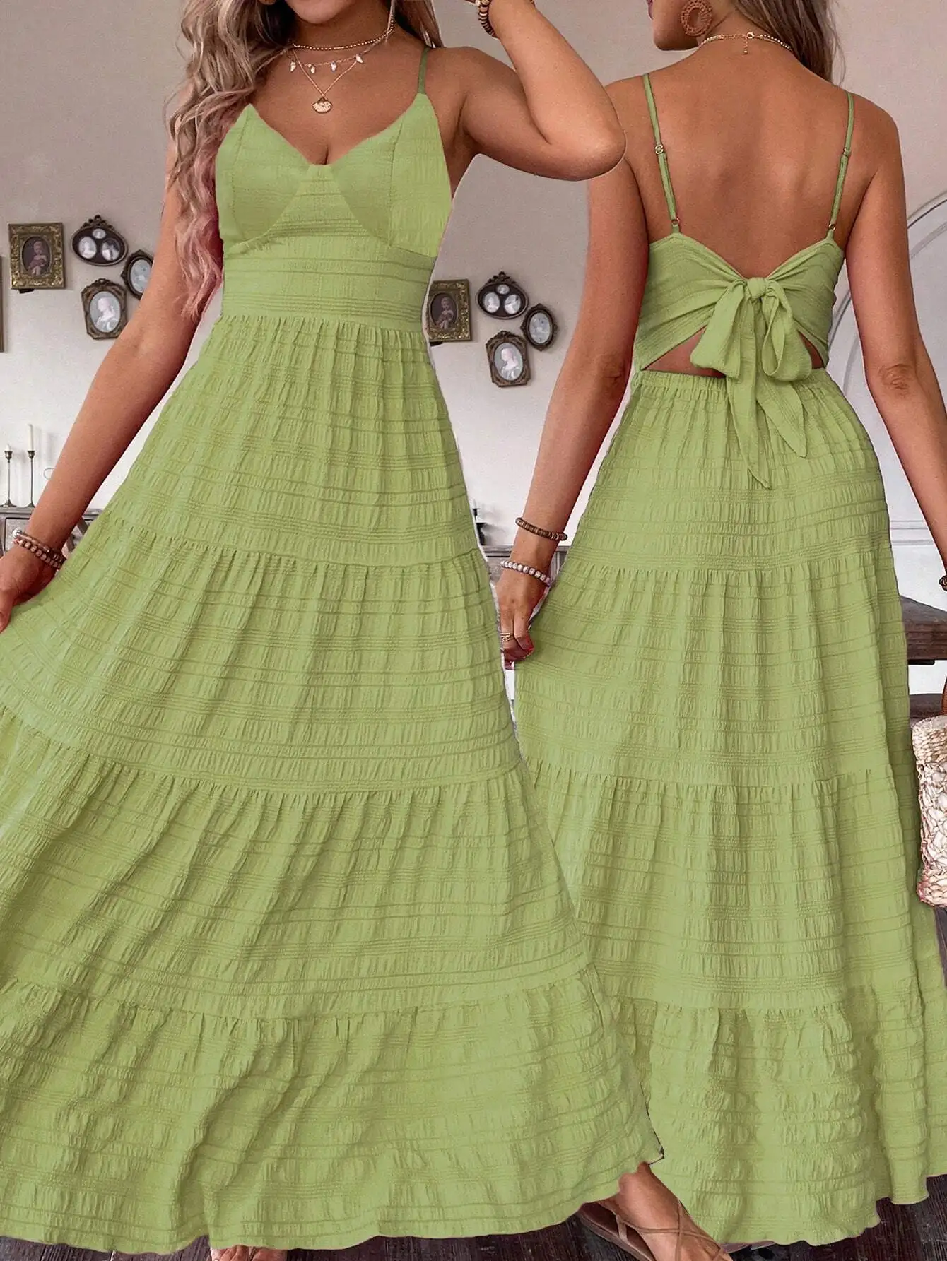 

Лаймово-зеленое многоярусное платье макси с бантом на спине и V-образным вырезом