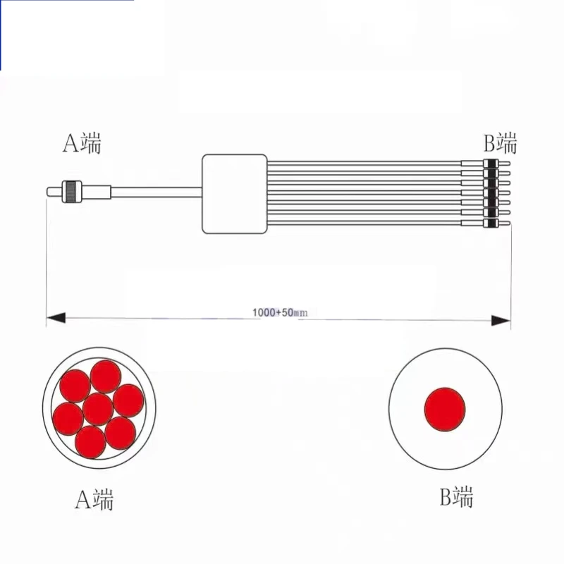 1*7 SMA905 núcleo de fibra bifurcada 200um NA=0,22 puente tipo Y UV-VIS, longitud del paquete = 500 mm. UV: 180 nm-1200 nm