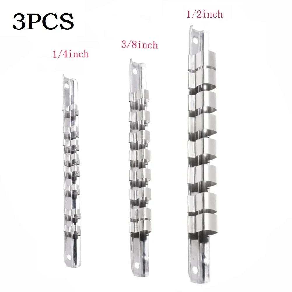 Socket Rack Holders 1/4 3/8 1/2inch With 8 Clips On Rail Tool For Rail Tool Organizer Storage Steel Construction Hand Tools