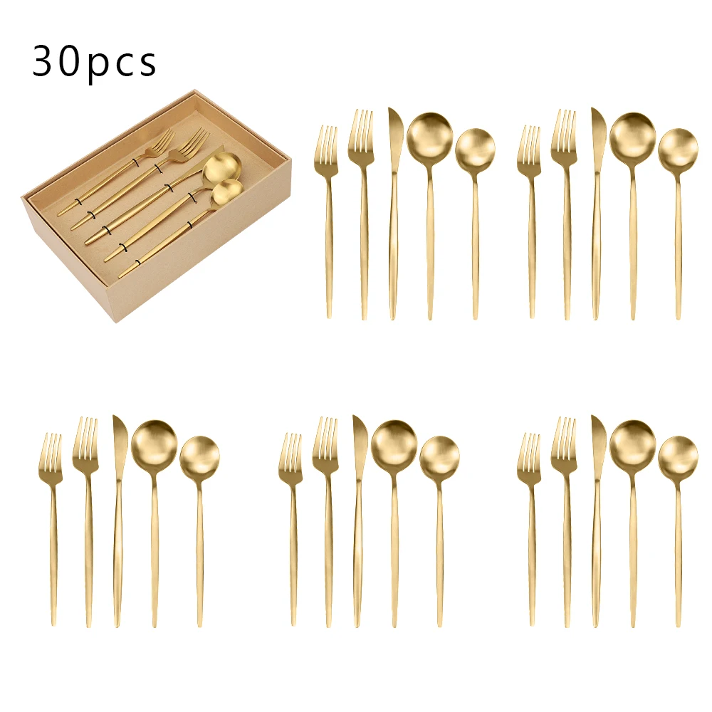 30피스 골드 커트러리 세트, 스테인리스 스틸 수저 세트, 포크, 나이프, 스푼, 포크 스푼 식기 세트, 나이프 선물 상자