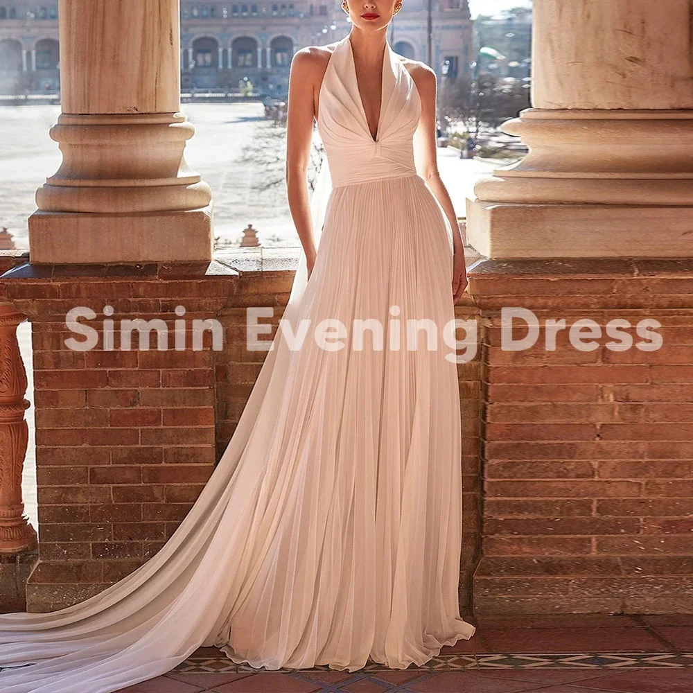 

Simin Женские вечерние платья трапециевидной формы длиной до пола без рукавов с шифоновым шлейфом и открытой спиной Вечерние элегантные платья 2025