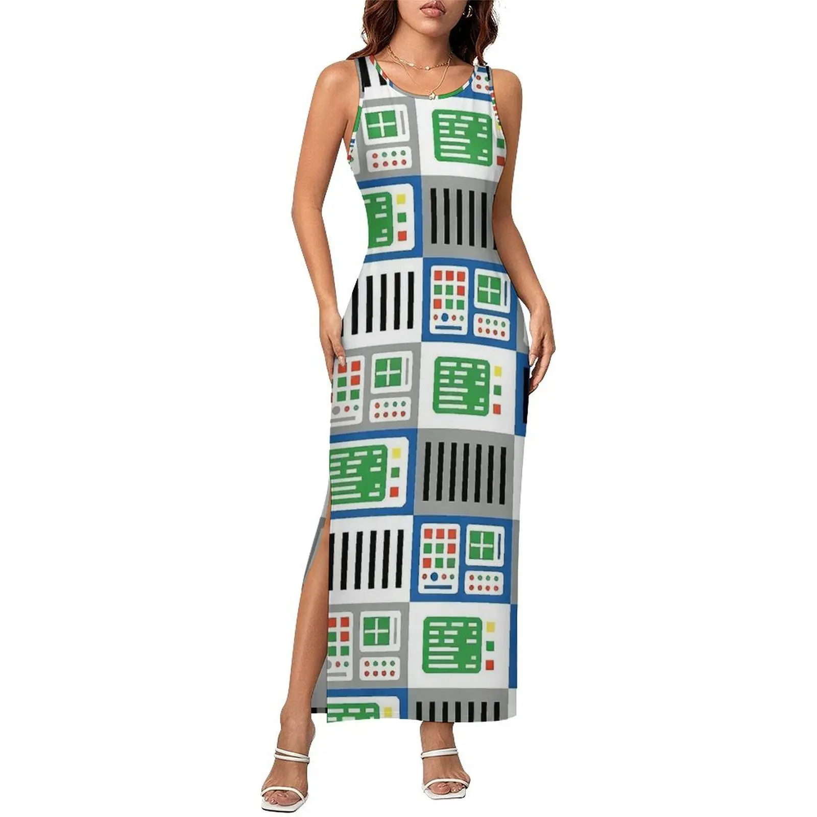 Checker Mahjong Suit Print Bodycon Dress Holiday  Retro Maxi Dresses Ladies Sleeveless Custom Street Fashion Dress Large Size