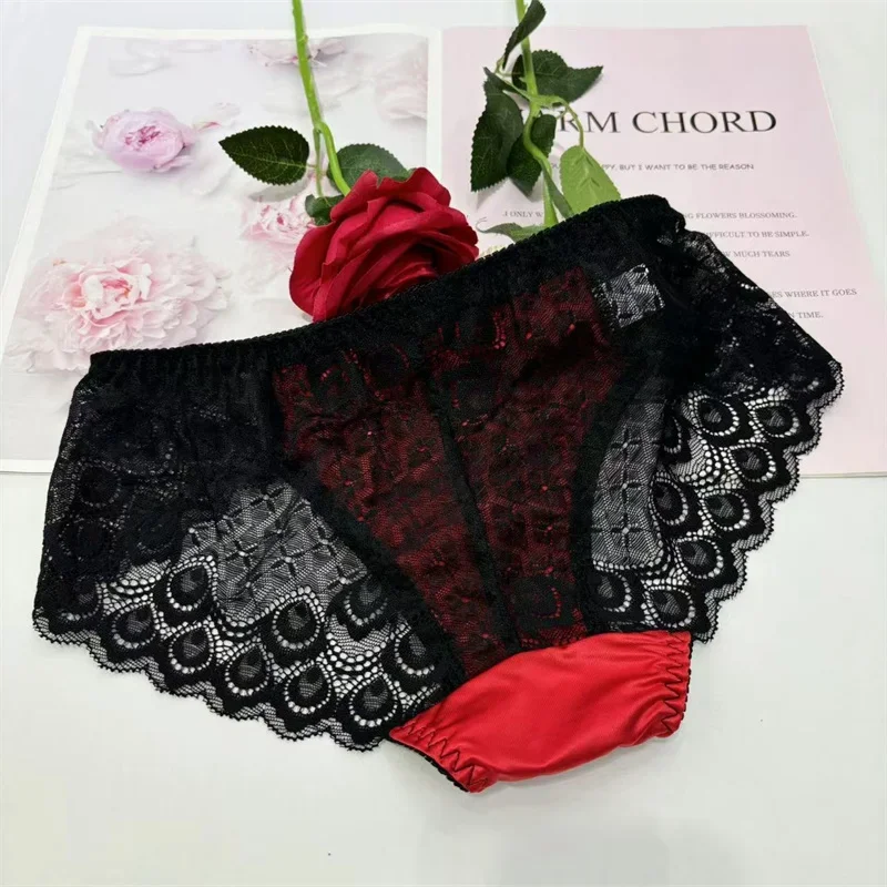 Męskie seksowne czerwone satynowe koronkowe prześwitujące slipy Sissy elastyczne z niskim stanem oddychające majtki BF Live Show kostiumy do tańca DJ Club