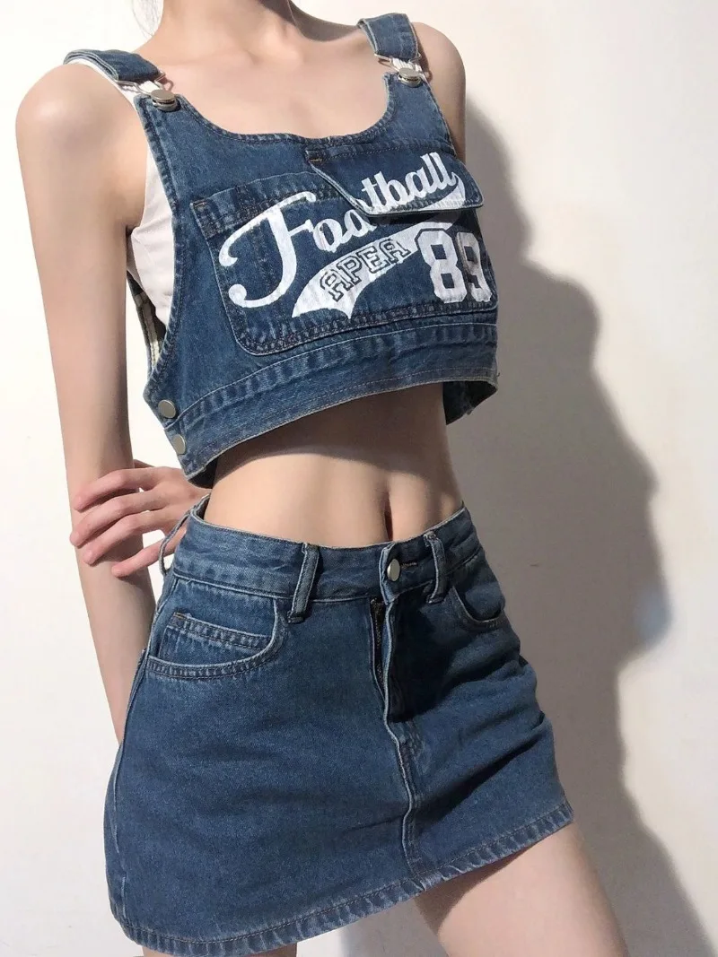 

Sweet Hot Girl Denim Suit Women's Summer Denim Hip Wrap Skirt Straps Square Collar Top Two-piece Set Fashion Female Clothes