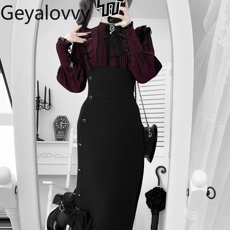 قميص بناتي جميل على الطراز الياباني الأصلي بأكمام طويلة وياقة واقفة وربطة عنق عالية الخصر وتنورة حورية البحر الطويلة للتخسيس