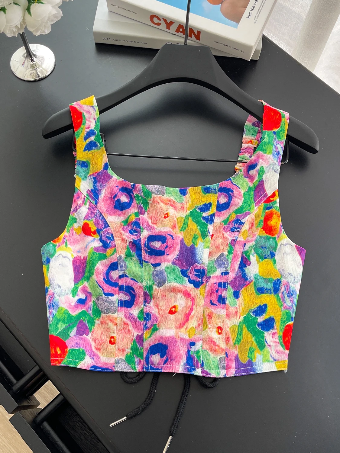 Retro Olieverfschilderij Print ter Vest dames Zomer Ontwerp Gevoel Gordel Afslanken ort Bovenkleding Top Woon-werkverkeer Sle Faion