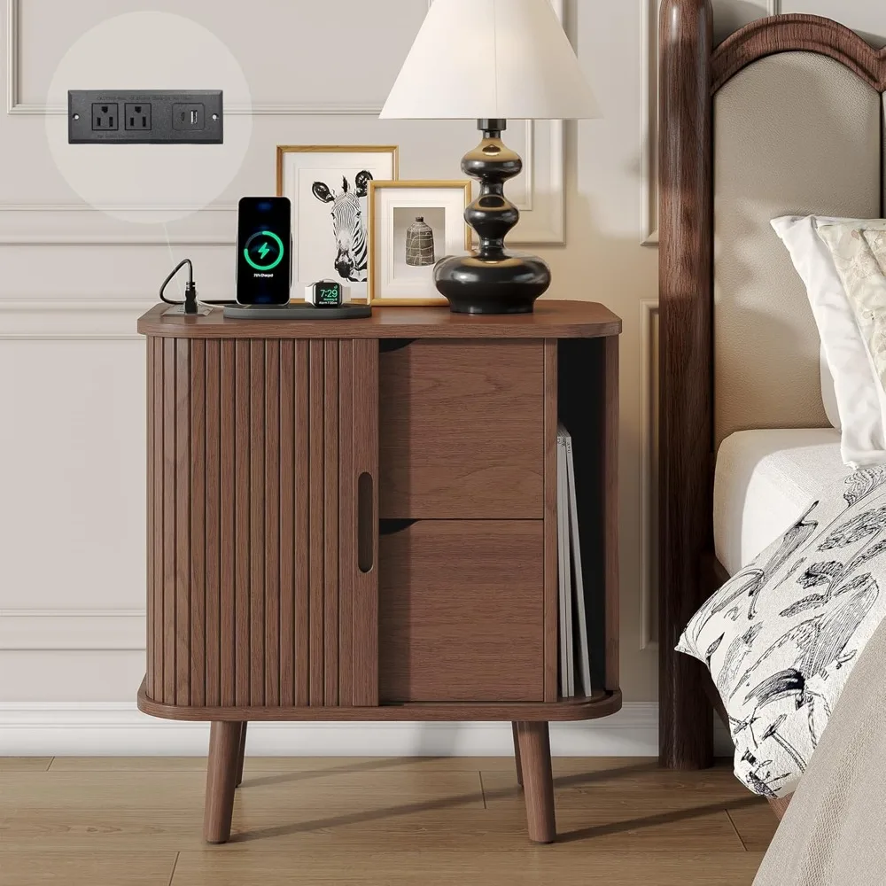 

Nightstand with Charging Station, Mid Century Night Stands, Fluted Bedside Table with Drawers & Shelves, Customized