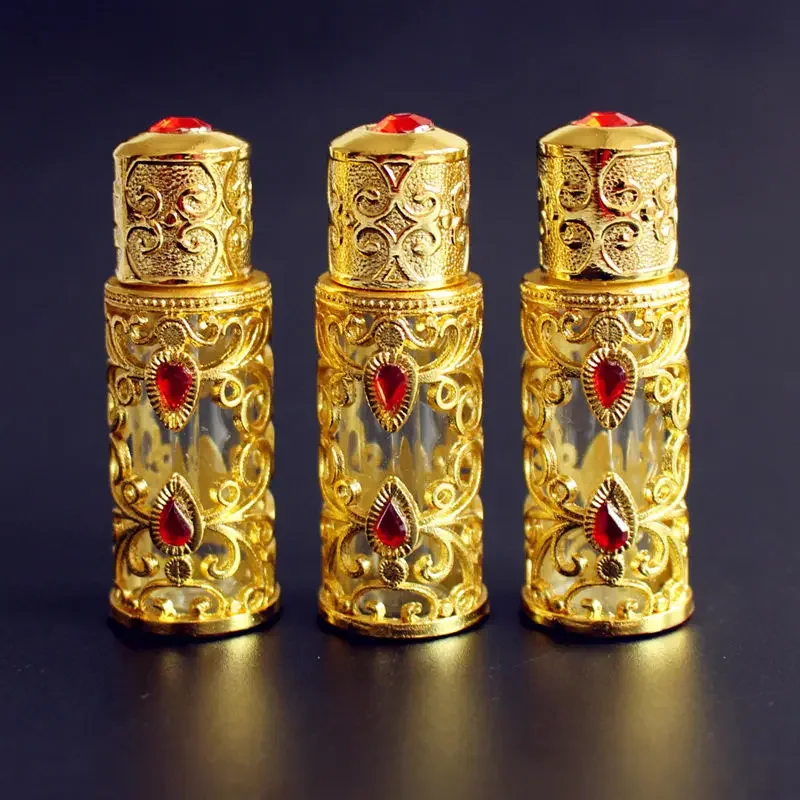1PC 3ml Alloy Glass Perfume Bottles Arab Style Metal Essential Oils Bottle with Glass Dropper GOLD Color