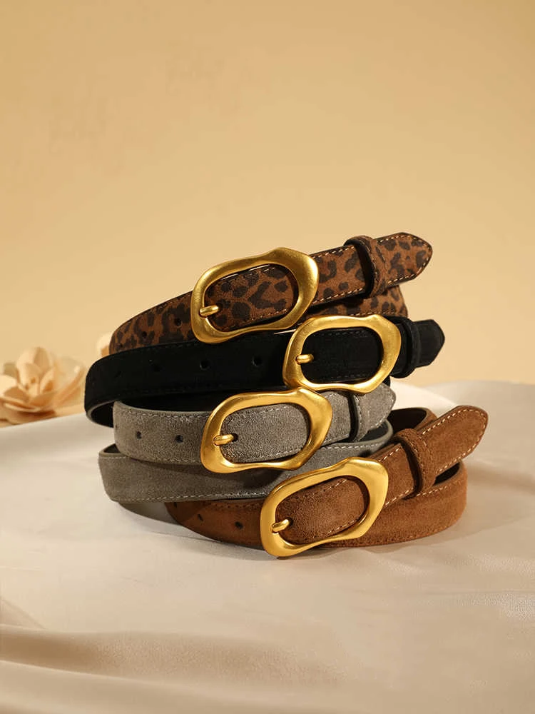 Vintage Women Suede Waist Belt Gold Alloy Buckle Multi‑Color Leopard Print Casual Decorative Belt For Dresses Jeans Pants