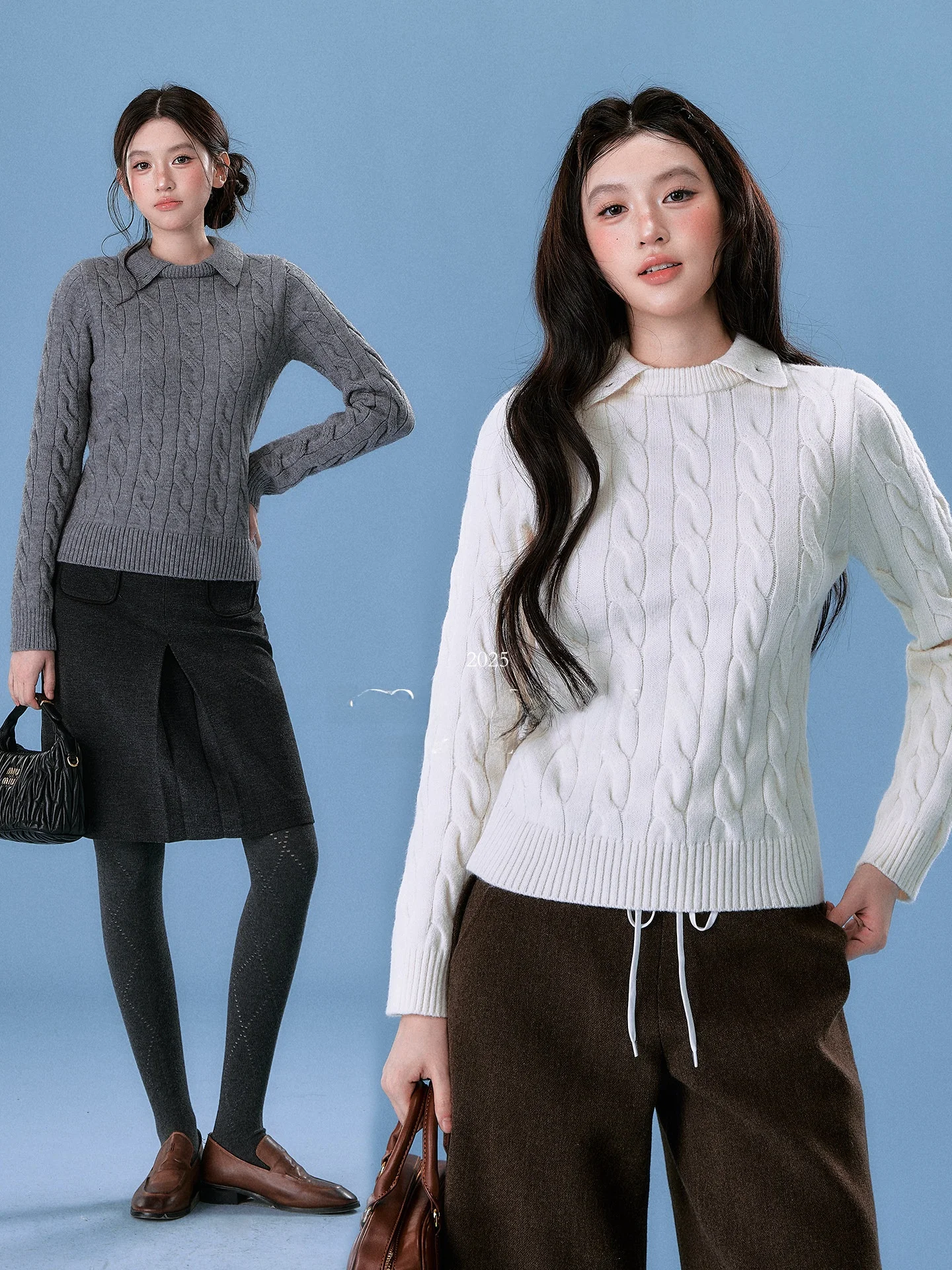 

OIOI E Autumn Winter New Sle Two-Way Wear College Sle Knitted Sweater Women's Turn-down Collar Twist Flower Knitwear