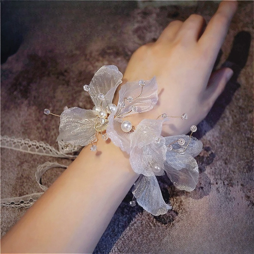 우아한 신부 손목 코사지 신랑용 부토니에 웨딩 커플 웨딩 액세서리 진주 장식 튤 꽃 결혼식 파티