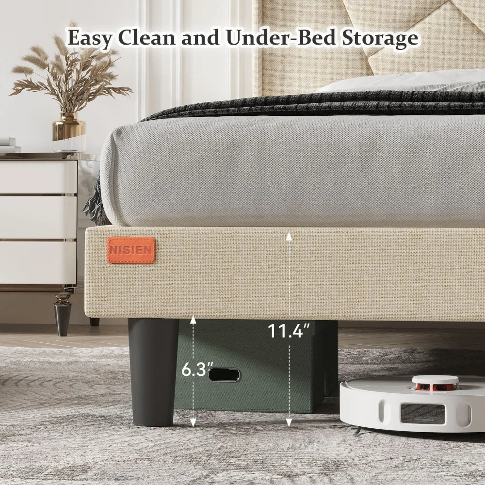 Queen Bed Frame with Charging Station, Upholstered Platform Bed with Wingback Storage Headboard, Beige image 4