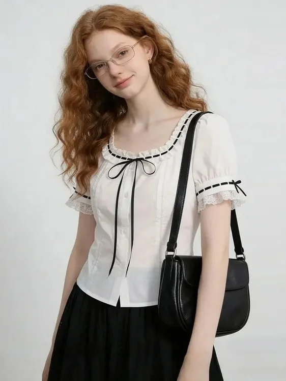 

Рубашка ZhuoZhi в студенческом стиле с рукавами-фонариками, летняя новинка, умная, омолаживающая, приталенная, во французском стиле, с коротким рукавом