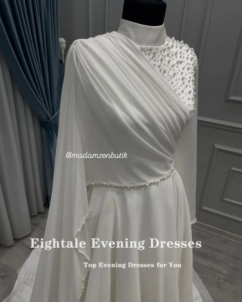 Eightale คําชุดแต่งงานคอลูกปัดแขนยาวที่กําหนดเอง A-Line ชีฟองมุสลิมชุดเจ้าสาว Vestido De Noiva