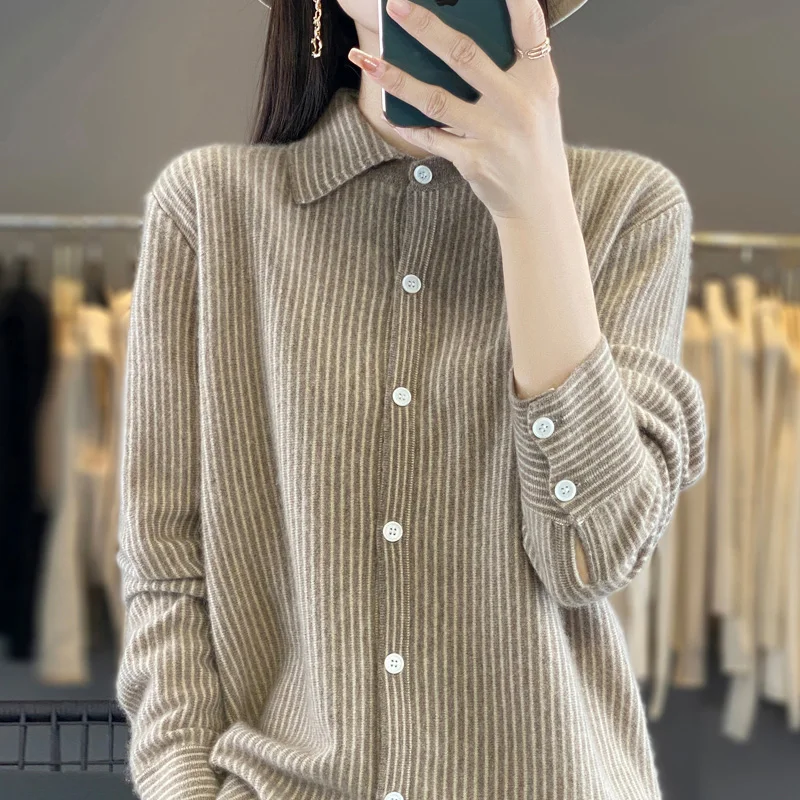 Women\'s Thin Style Shirt Soft Cotton Wool Blend Polo Collar Shirt Business Casual Knitted Blending Pullover  Women Loose Fit Top