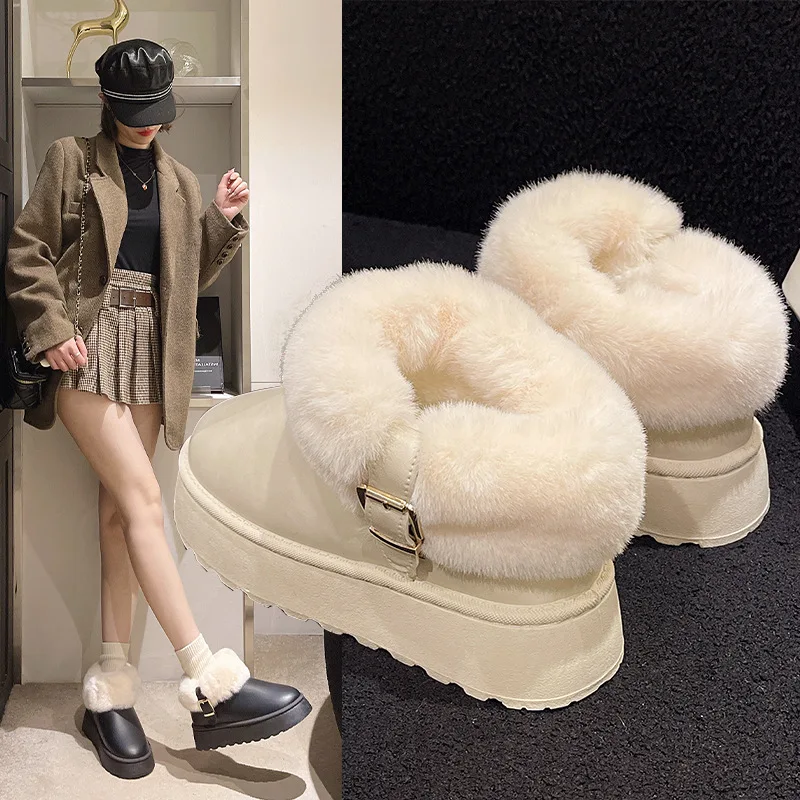 Snow boots for women 2024 winter new Korean version short tube, one foot kick, lazy, large-sized, fuzzy mouth, warm cotton shoes