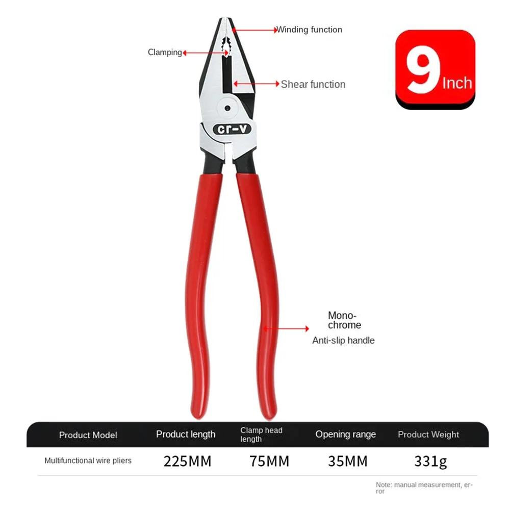 1Pcs Steel Wire Wire Pliers Multi-Functional Labor-Saving Electrician Tool with Nonslip Handle 7/8/9 inch Flat Mouth Pliers