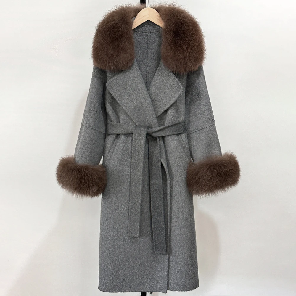 OFYBUY Modischer Warmer Wollmantel mit Echtfuchspelzkragen, Neue Herbst-Winter-Langkleidung für Damen, Eleganter Wollmantel mit Gürtel für Frauen – Detail 25
