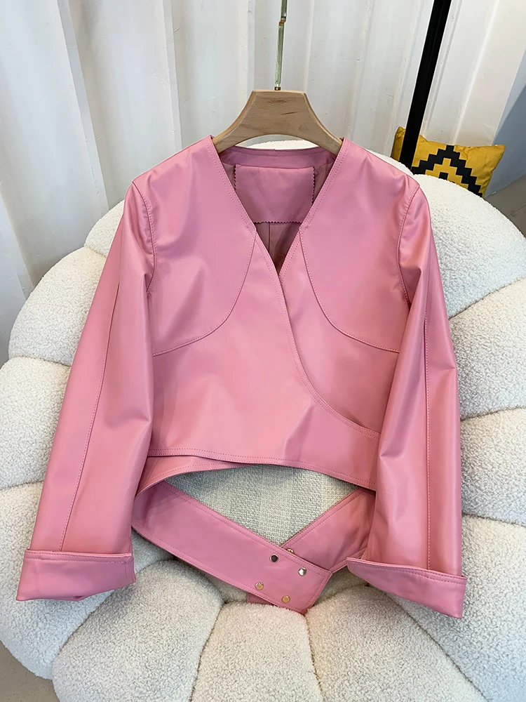 Autumn New Women Genuine leather jacket Office Lady V-neck short jacket Real Sheepskin Blazer cropped Coat Y4593