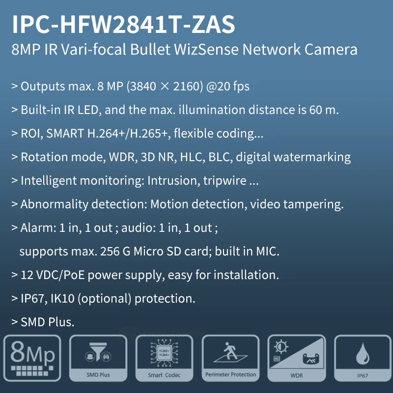 Dahua 8MP PoE Network Camera Outdoor 4K IP Camera IR 60m Motorized Lens 2.7-13.5mm With Alarm Audio Port Mic IPC-HFW2841T-ZAS