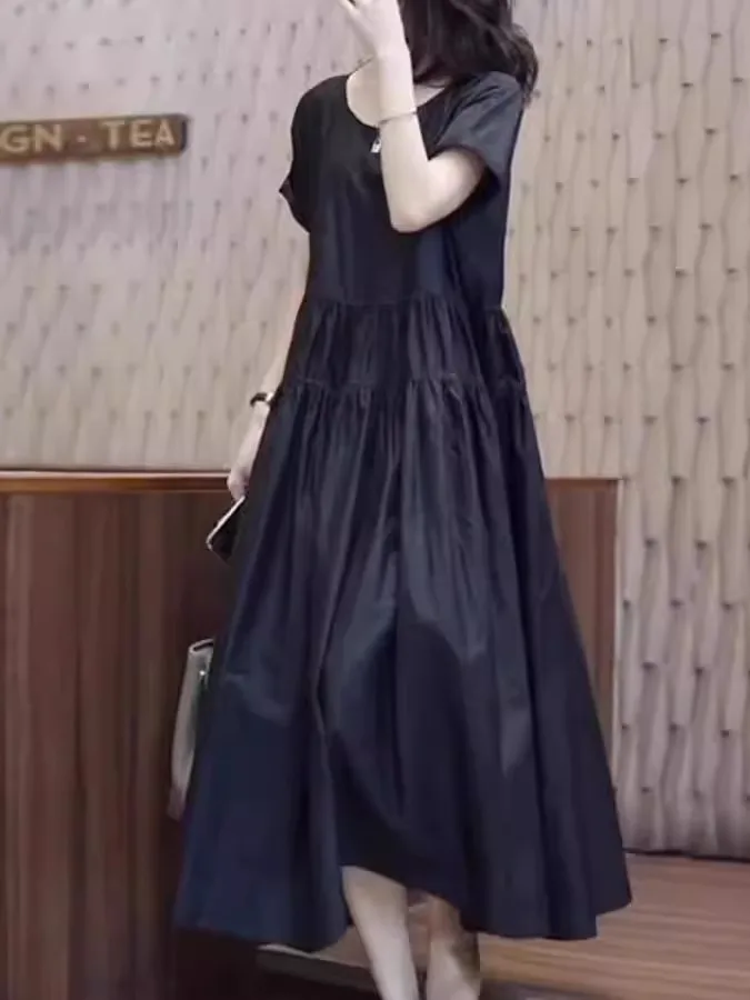 

Летнее платье миди в стиле Хепберн для полных женщин, черное, с завышенной талией, А-силуэт, французский стиль, из полиэстера