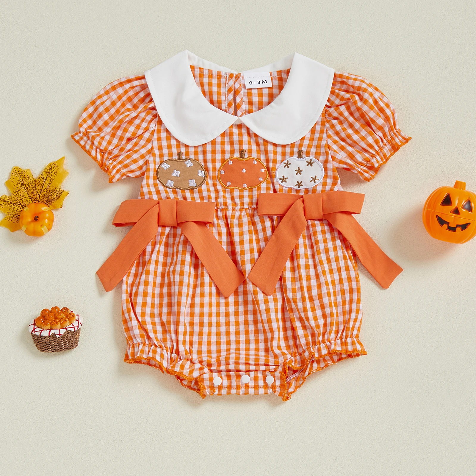 

SUNSIOM Baby Girl Halloween Bodysuit Short Sleeve Doll Collar Pumpkin Embroidery Romper Newborn Fall Playsuit