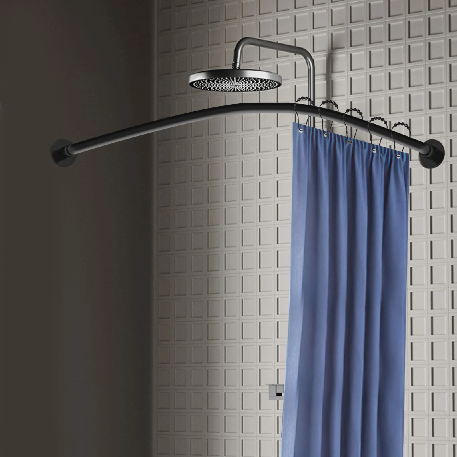 

Shower Curtain Rail L Shape No Drilling Rail Corner Stainless Steel Telescopic Rod with Shower Curtain Rings